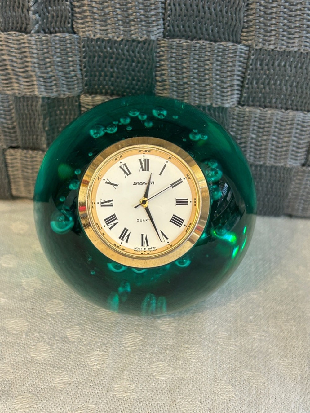 Vintage Staeger Paperweight Clock Green Glass Heavy - Picture 4 of 5